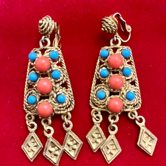 Vintage Gold Coral Turquoise Dangle Earrings - Picture 2 of 3